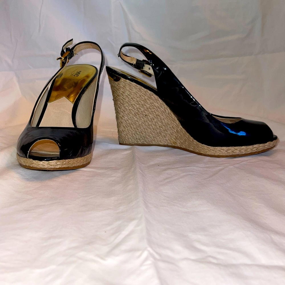 Michael Kors black patent peep toe espadrille wedges